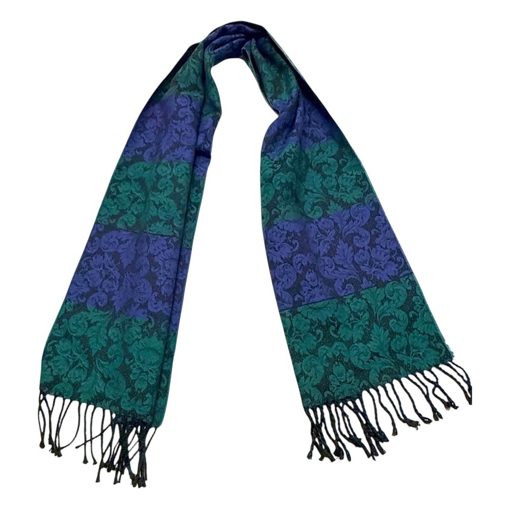 Marshall Field's Scarf Blue & Green Damask Wool Blend From Italy Vintage NWT